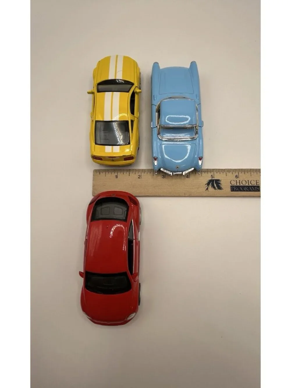 Lot of 3 Diecast Cars Corvette VW Beetle Mustang Kinsmart Scale Blue Red Yellow